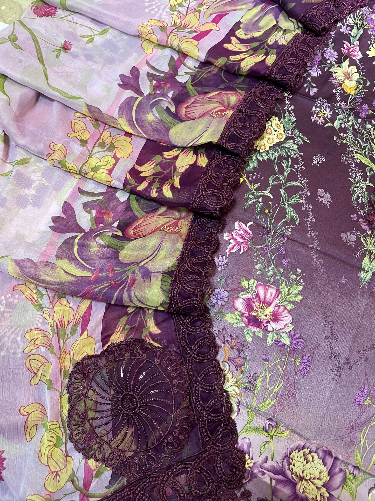 Maria B Tie & Dye Dark Purple Printed Lawn | Embroidered Suit with Chiffon Dupatta | 3Pc Unstiched