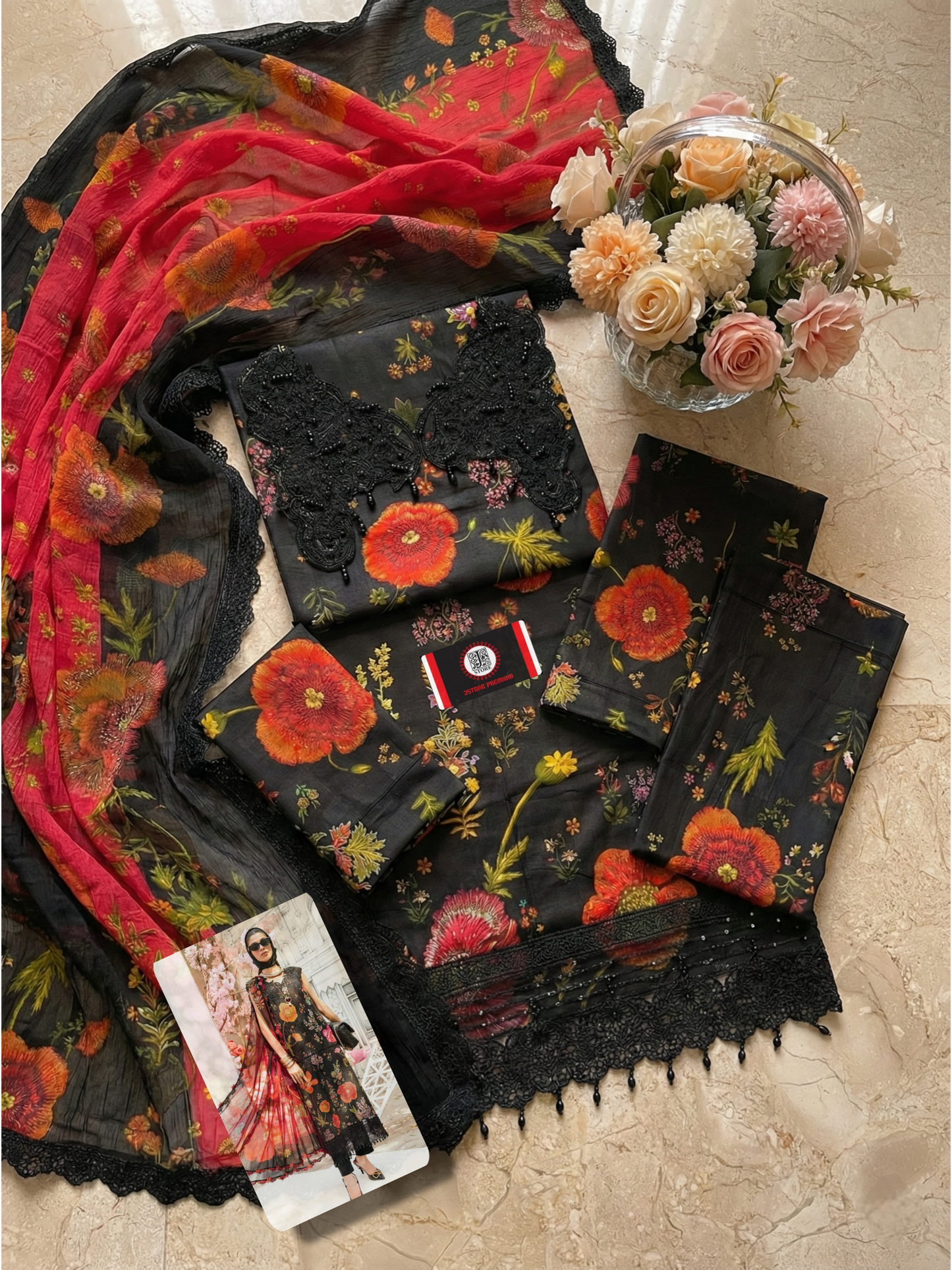 Maria B | Black With Flower Embroided Lawn | Chiffon Dupatta | 3pec Unstiched