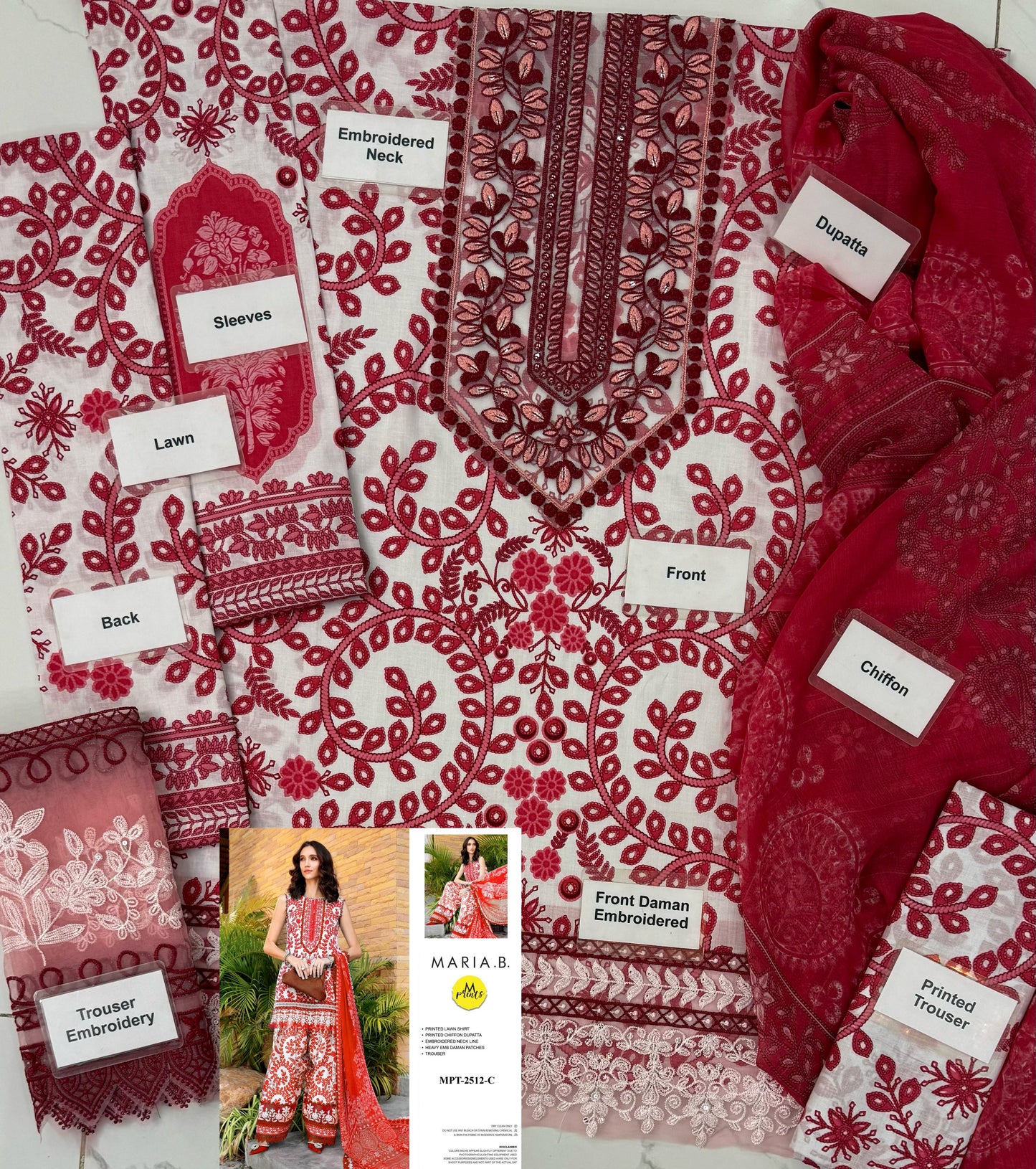 MARIAB RED WHITE WITH CHIFFON DUPATTA |3 PIECE UNSTICHED