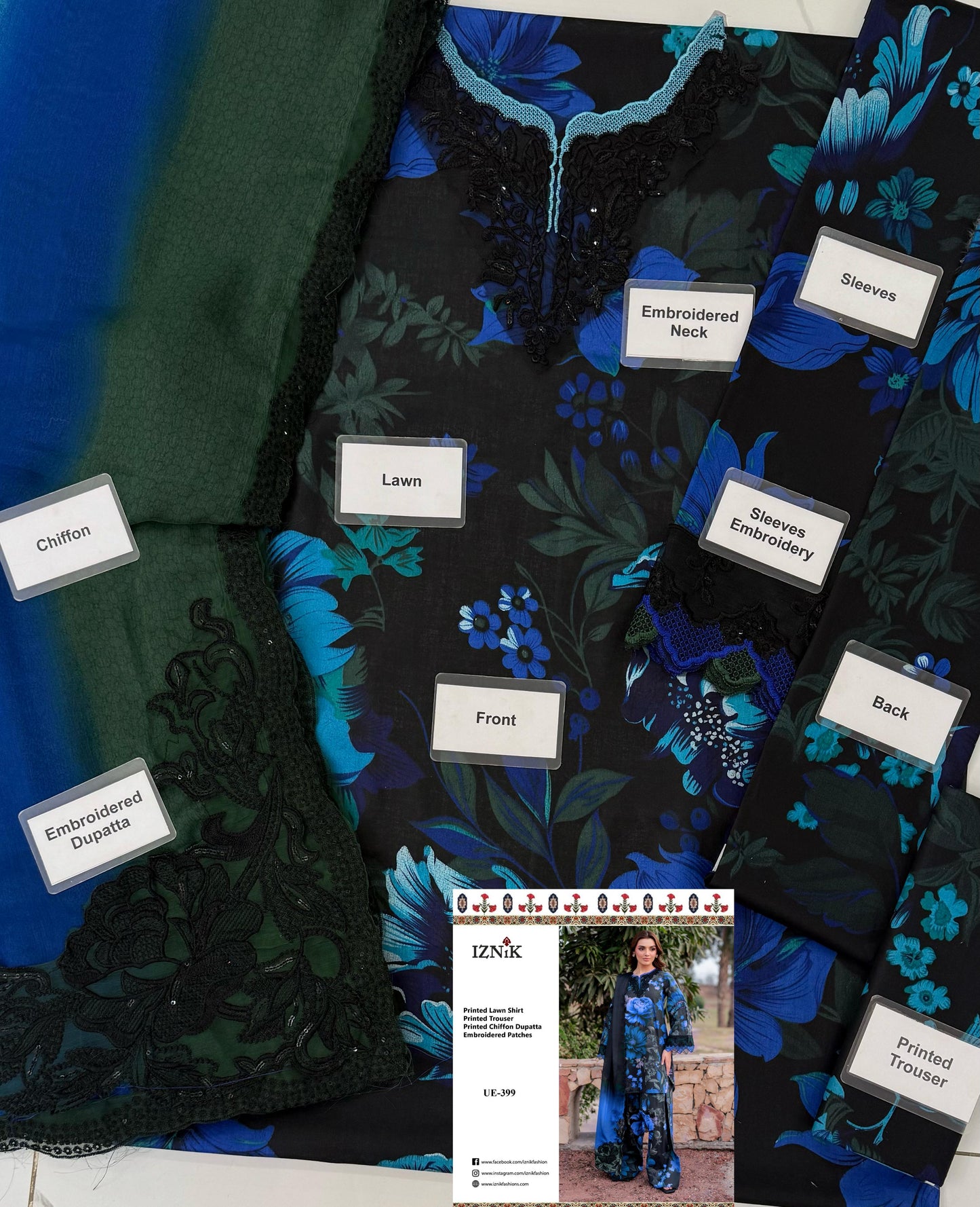 IZNIK BLACK BLUE WITH CHIFFON DUPATTA |3 PIECE UNSTICHED