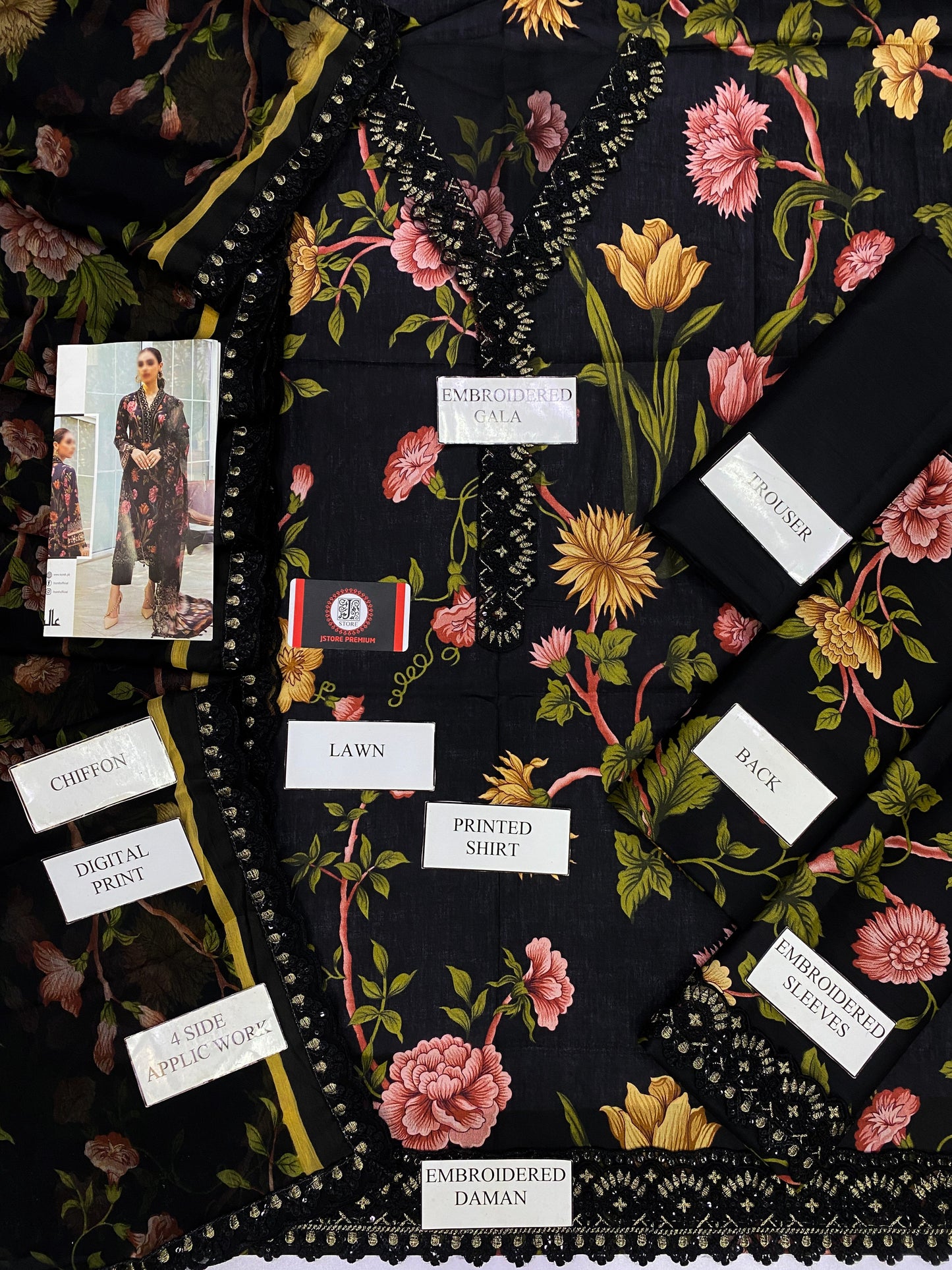 NUREH BLACK ROYAL | LAWN WITH CHIFFON DUPATTA |3PC UNSTICHED