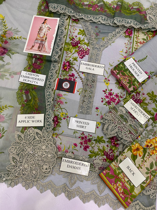 MARIAB GULROSE |PRINTED LAWN WITH CHIFFON DUPATTA |3PC UNSTICHED