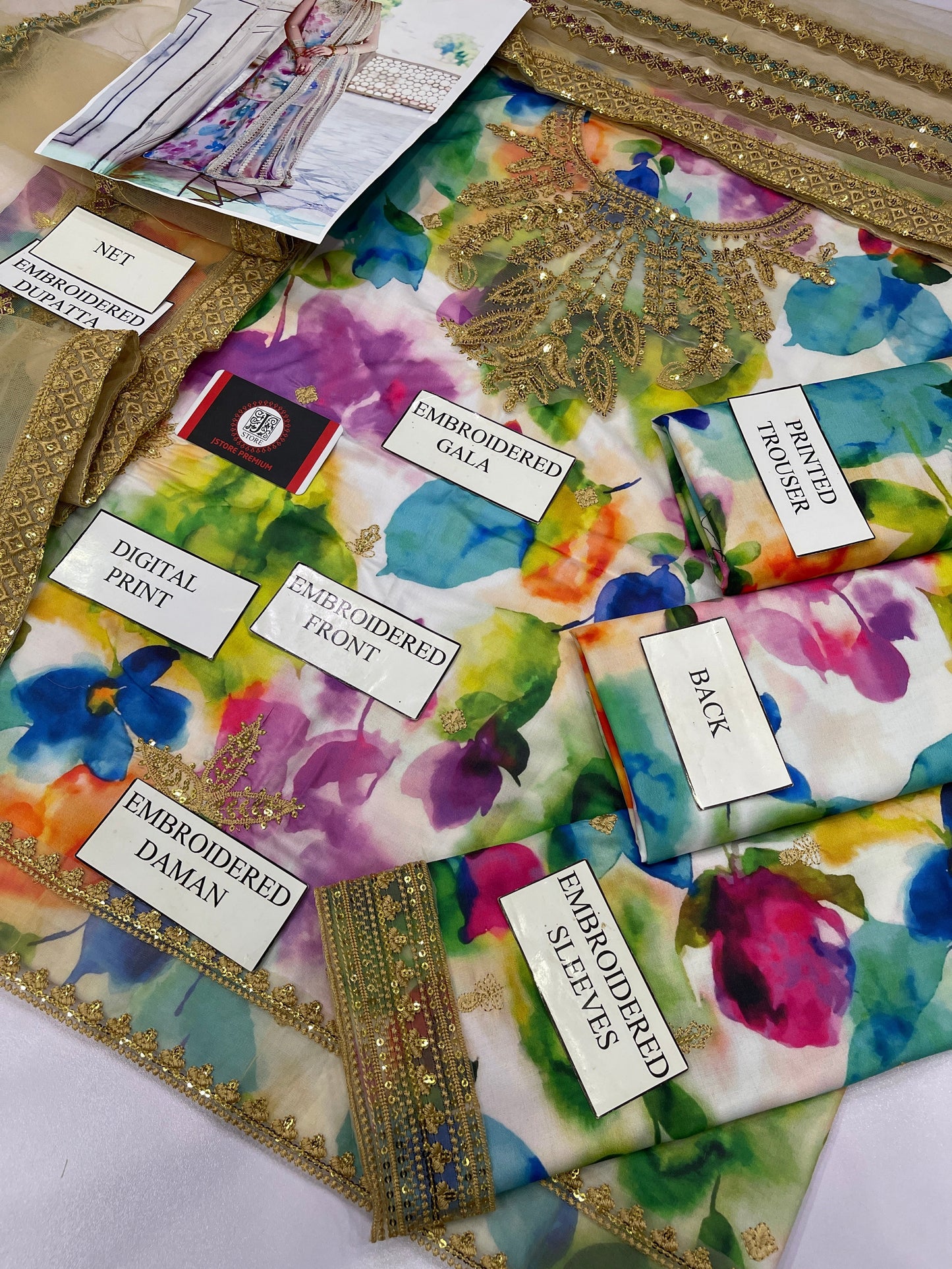 Jazmine | Multi Shade With Heavy Embroidered Net Dupatta | 3pec Unstiched