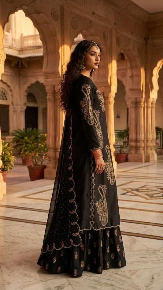 ZARA SHAH JAHAN IVORY BLOSSOM BLACK 3PEC UNSTICHED