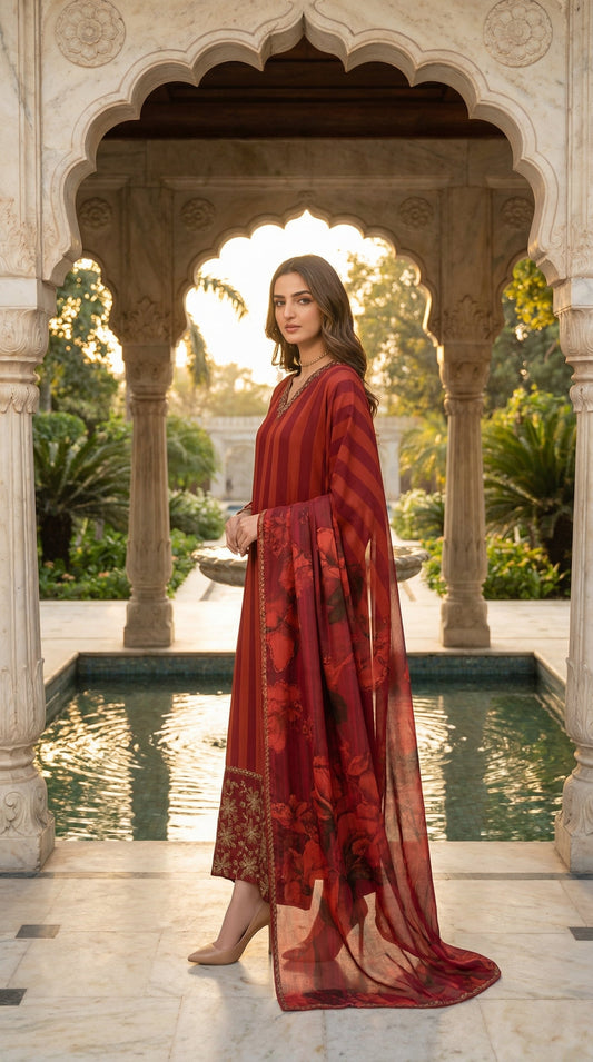 LULUSAR |IMPERIAL RUBY SHAMOOS SILK |3Pec unstiched