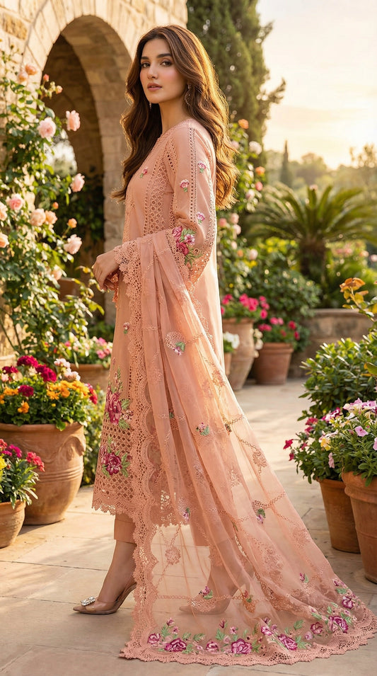 Aneela Premium Organza Embroidered Chikan Kari Dress