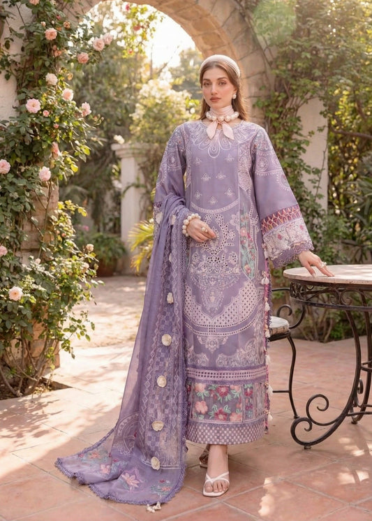 BIN ILYAS| PURPLE CHIKENKARI WITH ORGENZA DUPATTA |3PC UNSTICHED