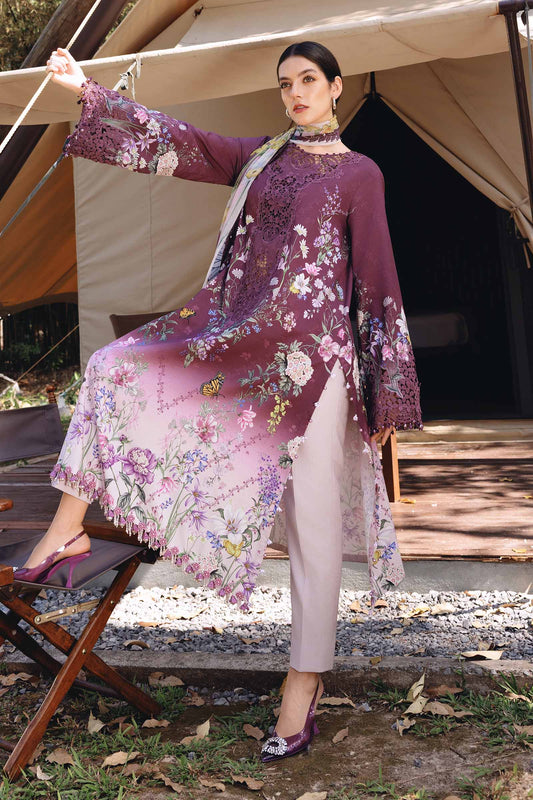 Maria B Tie & Dye Dark Purple Printed Lawn | Embroidered Suit with Chiffon Dupatta | 3Pc Unstiched