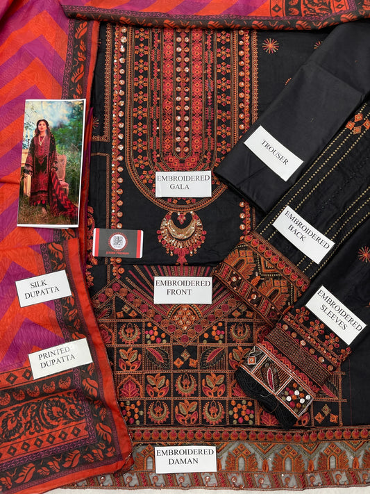 Maryam | Black N Orange Luxury Chikenkari Lawn With Silk Dupatta | 3pec Unstiched