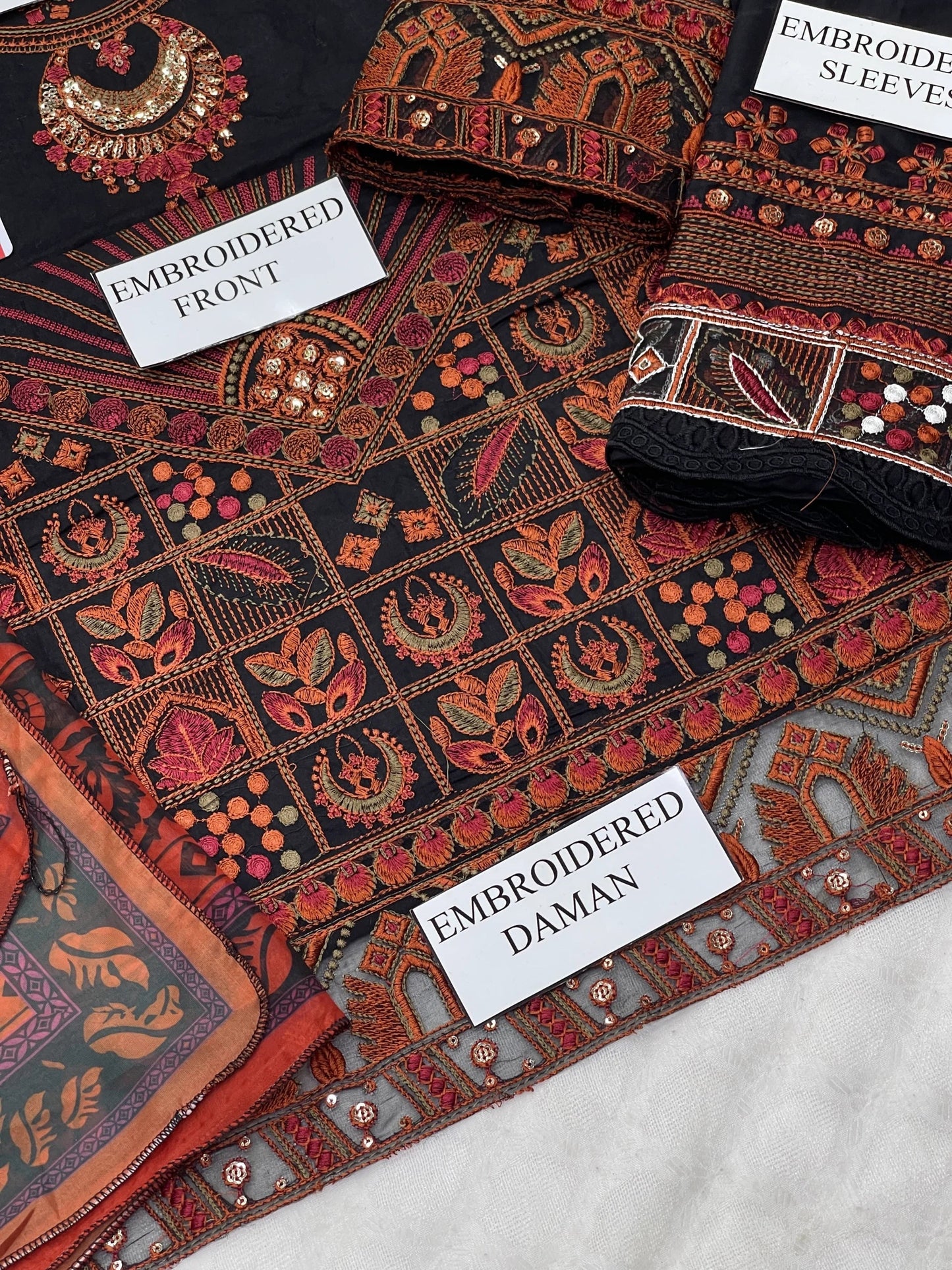 Maryam | Black N Orange Luxury Chikenkari Lawn With Silk Dupatta | 3pec Unstiched