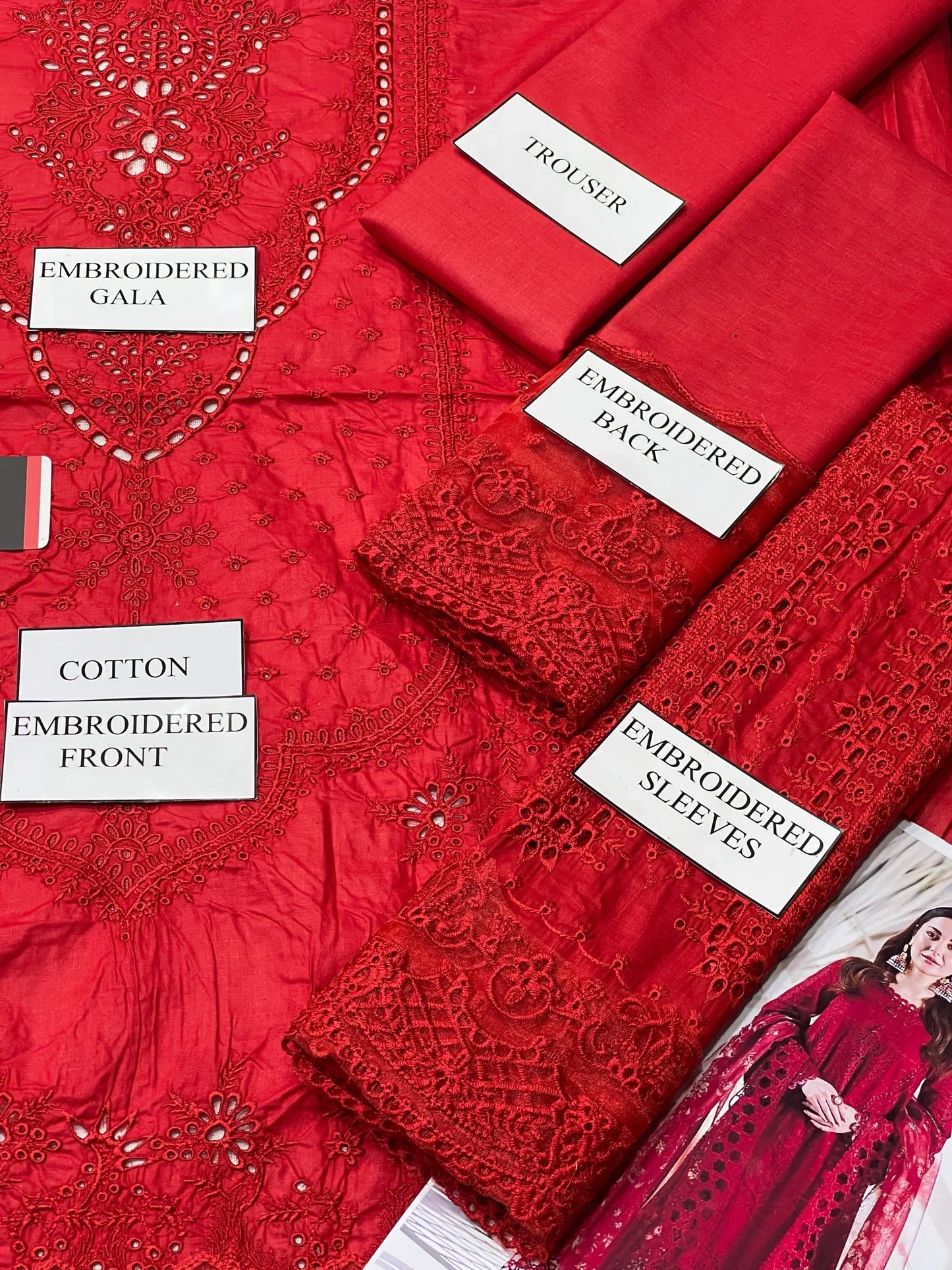 Qalamqaar | Red Chikenkari with Digital Embroidered Dupatta | 3pec Unstiched