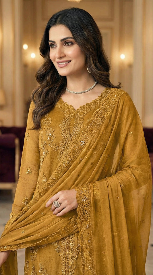 AZURE | MASTARD CHIFFON DRESS PHASE |3PIECE UNSTICHED