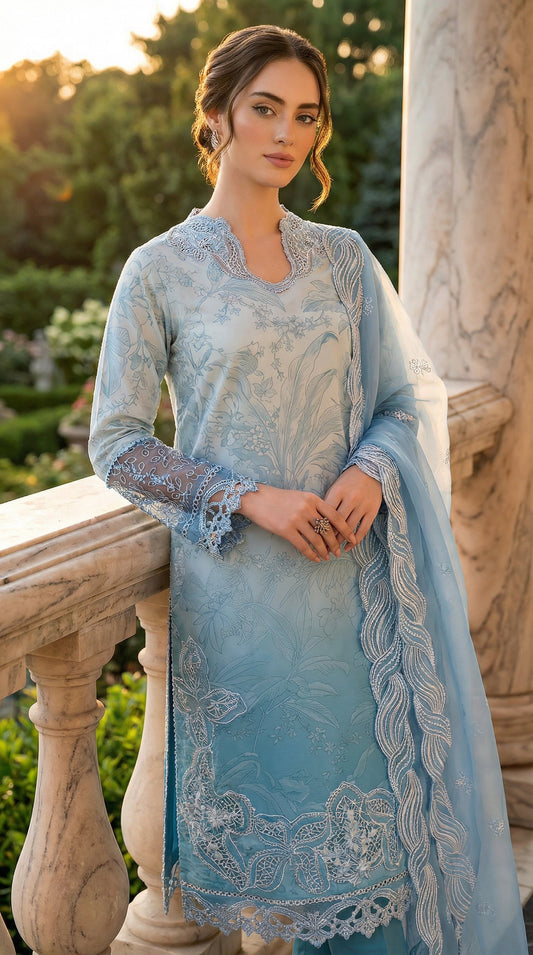 MUSHQ BLUE LAWN WITH ORGENZA DUPATTA |3PEC UNSTICHED