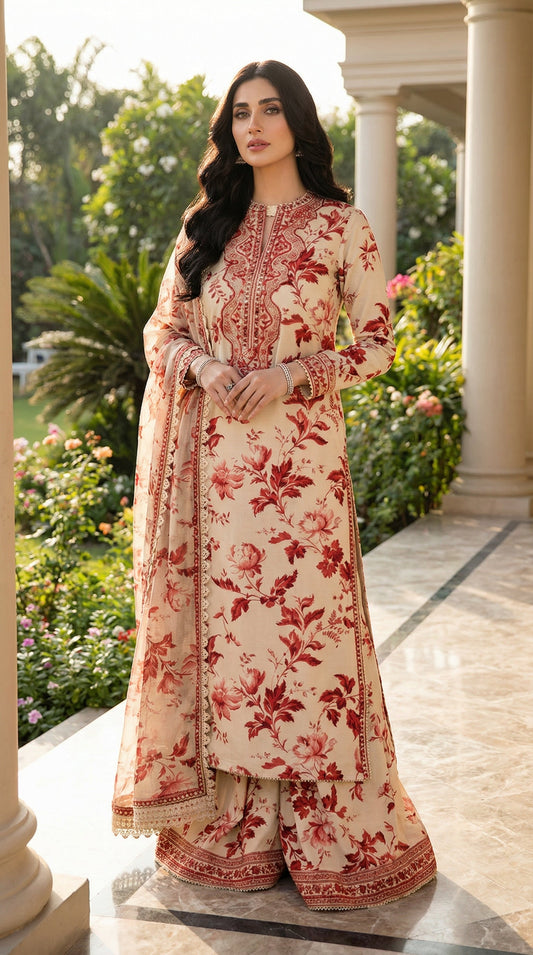 Aneelas Skin Lawn 9MM WITH Chiffon DUPATTA |3PEC UNSTICHED