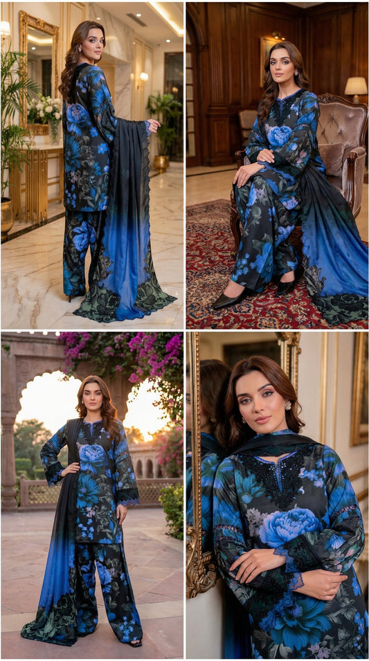 IZNIK BLACK BLUE WITH CHIFFON DUPATTA |3 PIECE UNSTICHED