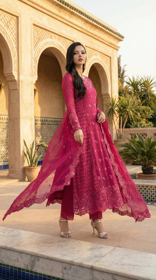 AZURE| FUSCIA PINK PREMIUM CHIFFON WITH CHIFFON DUPATTA |3PIECE UNSTICHED