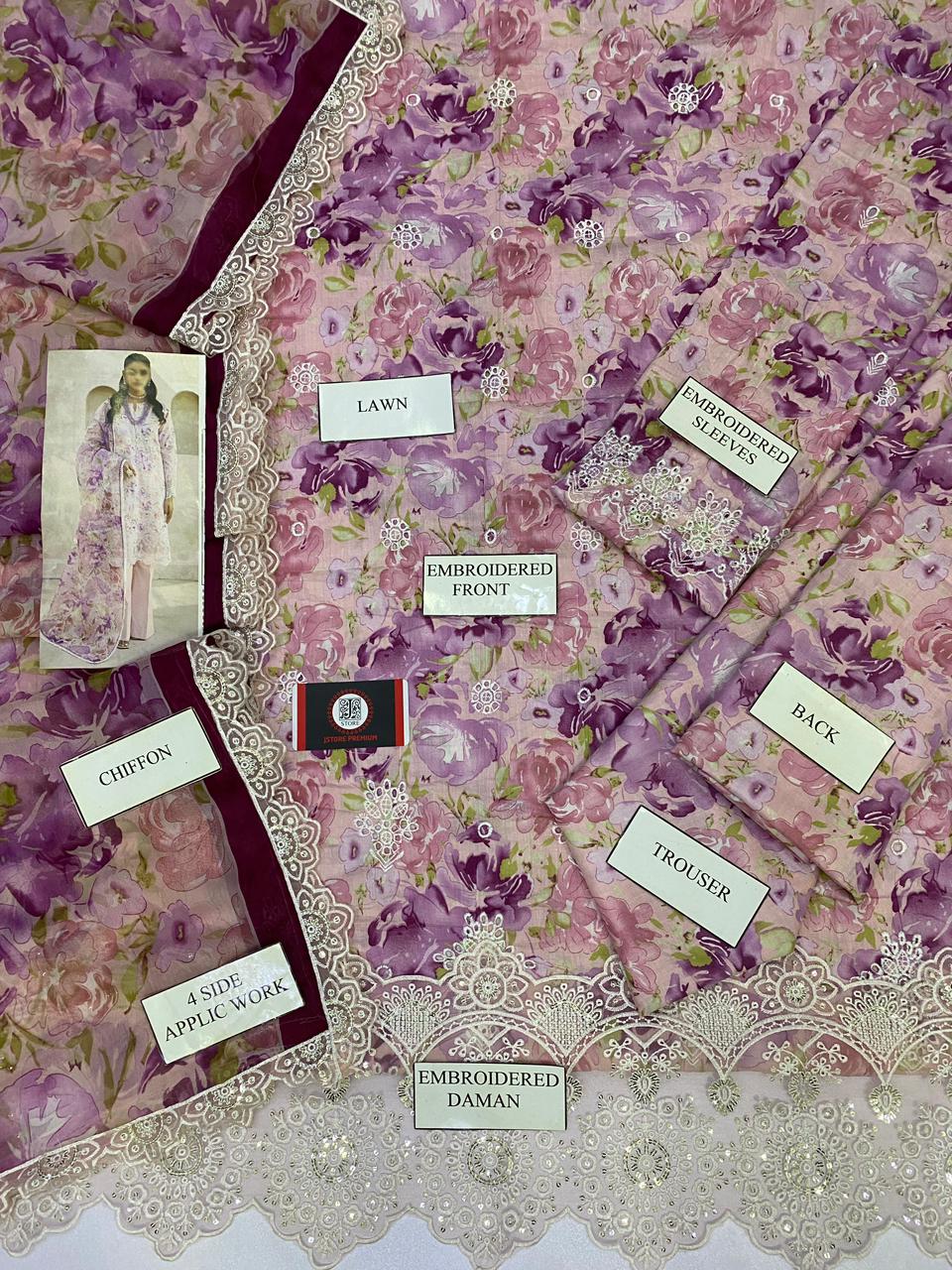 MOTIFZ MULTI FLORAL| LAWN WITH CHIFFON DUPATTA |3PC UNSTICHED
