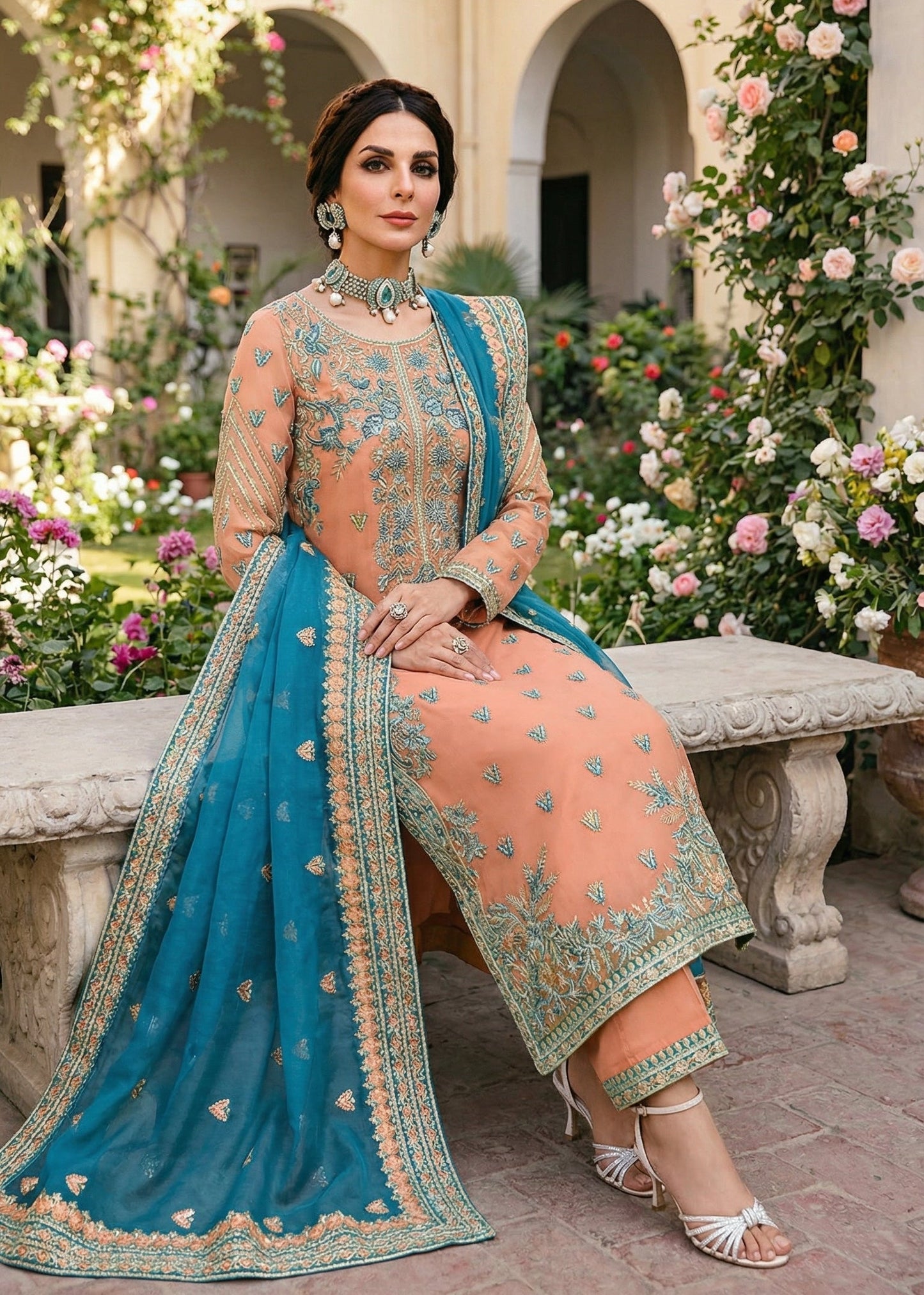 Asim Jofa | Peache Majesty Orgenza Dress 3pec Unstiched