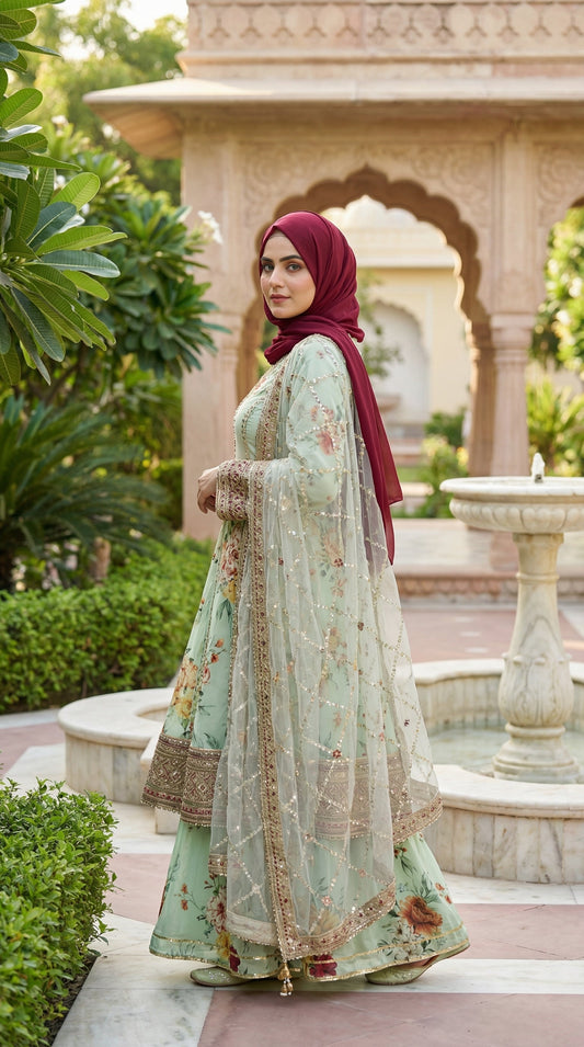 Jazmine | Mint Garden With Net Embroided Dupatta | 3pec Unstiched