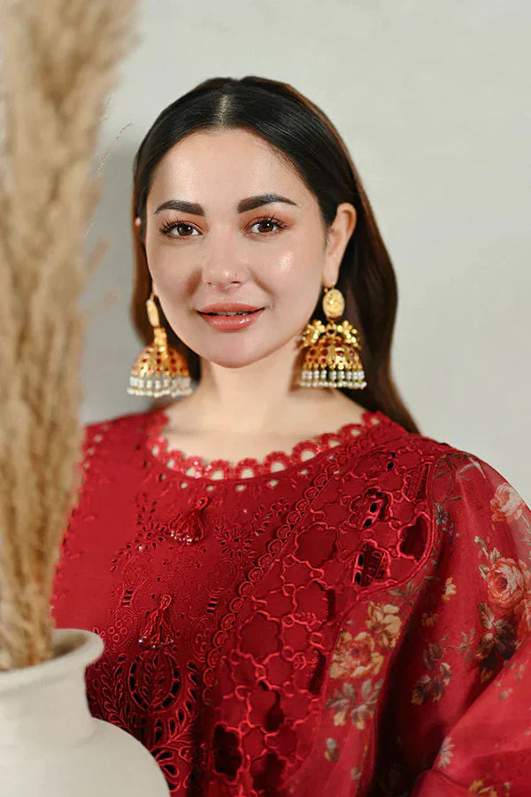 Qalamqaar | Red Chikenkari with Digital Embroidered Dupatta | 3pec Unstiched