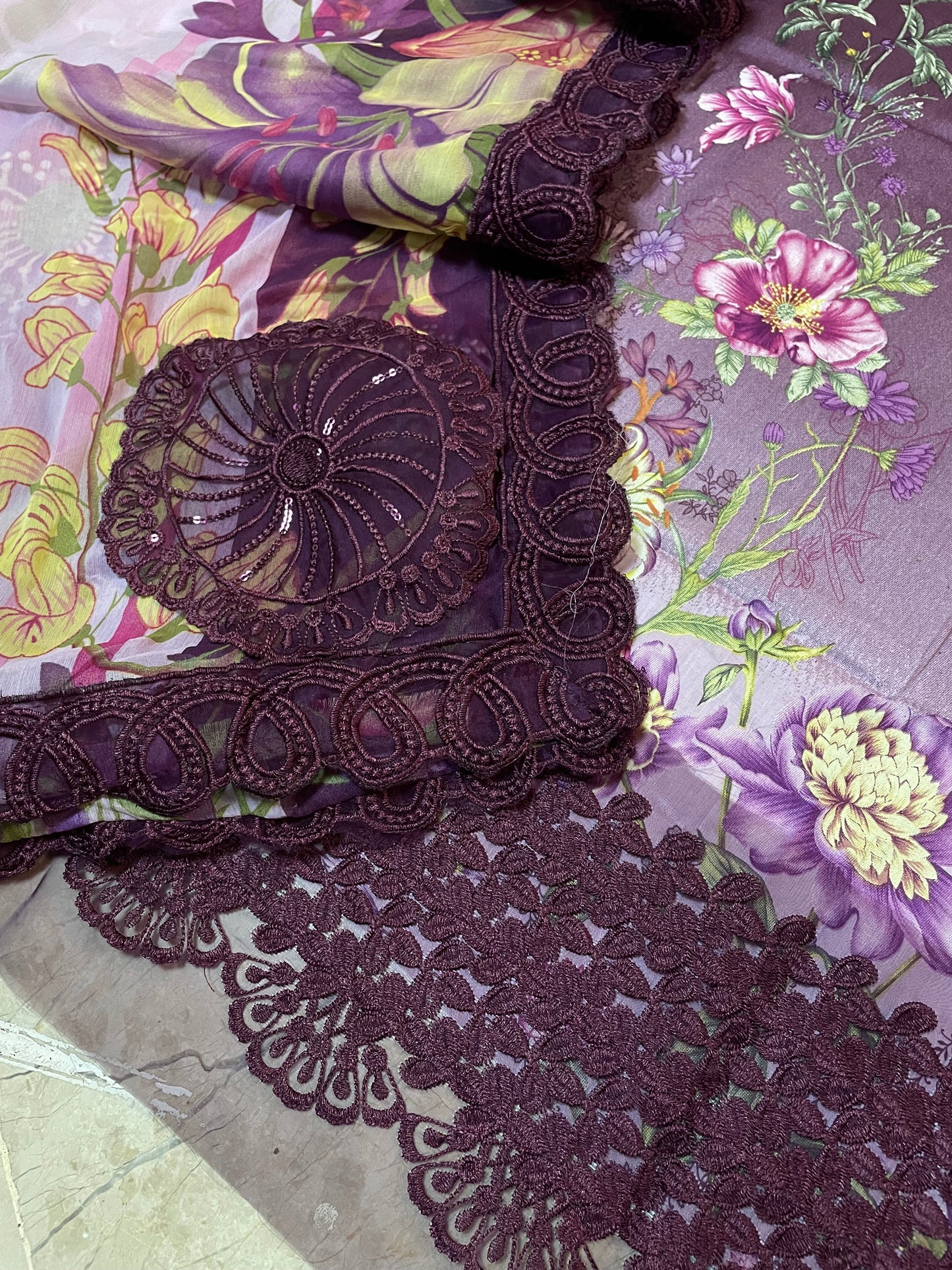 Maria B Tie & Dye Dark Purple Printed Lawn | Embroidered Suit with Chiffon Dupatta | 3Pc Unstiched
