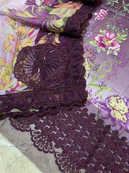 Maria B Tie & Dye Dark Purple Printed Lawn | Embroidered Suit with Chiffon Dupatta | 3Pc Unstiched