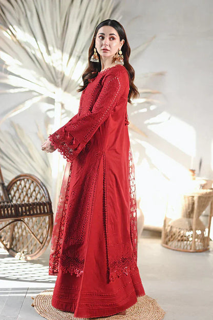 Qalamqaar | Red Chikenkari with Digital Embroidered Dupatta | 3pec Unstiched