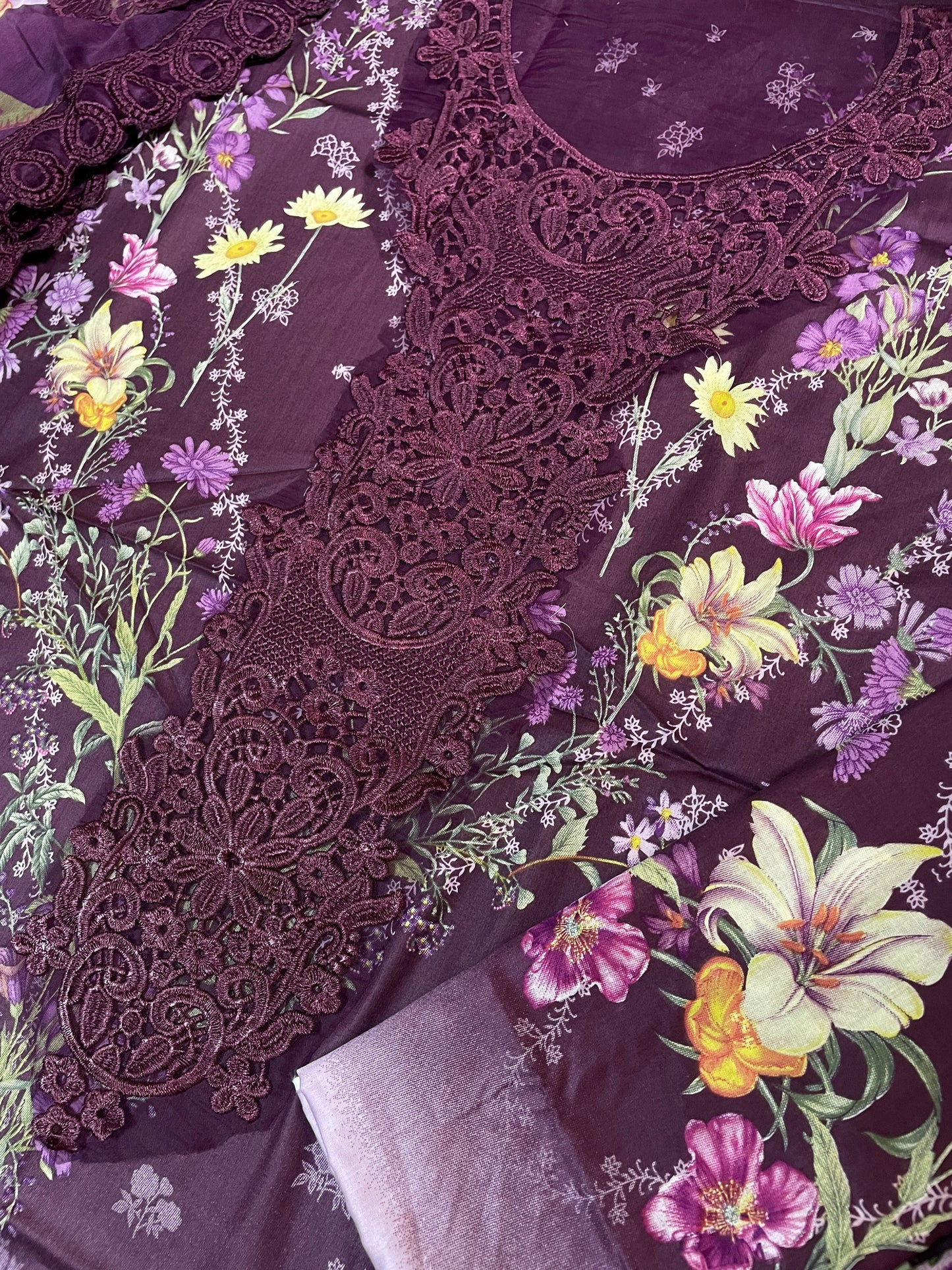 Maria B Tie & Dye Dark Purple Printed Lawn | Embroidered Suit with Chiffon Dupatta | 3Pc Unstiched