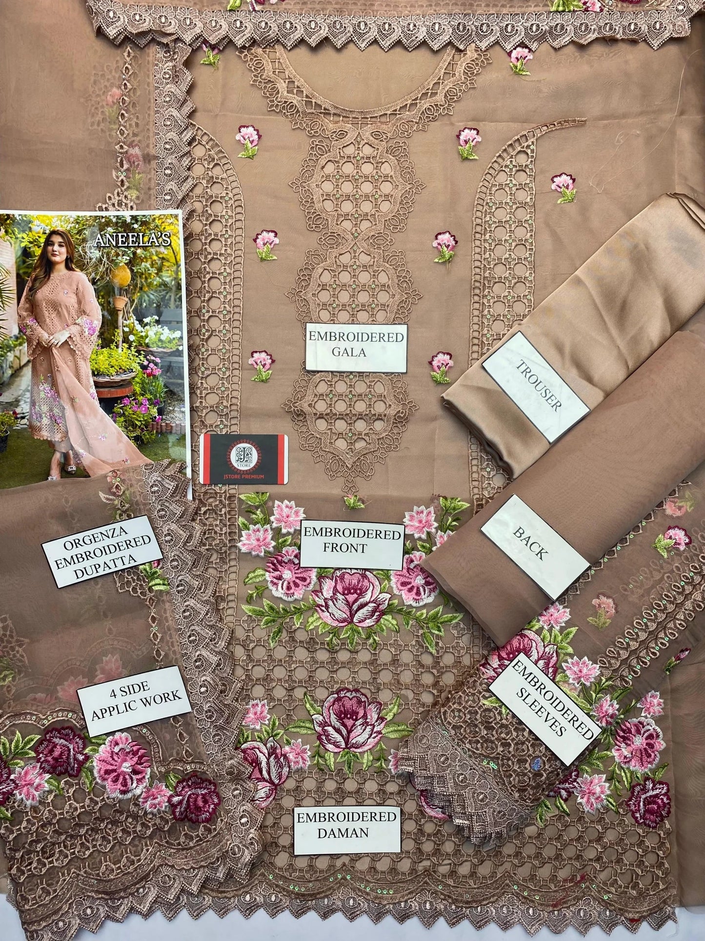 Aneela Premium Organza Embroidered Chikan Kari Dress