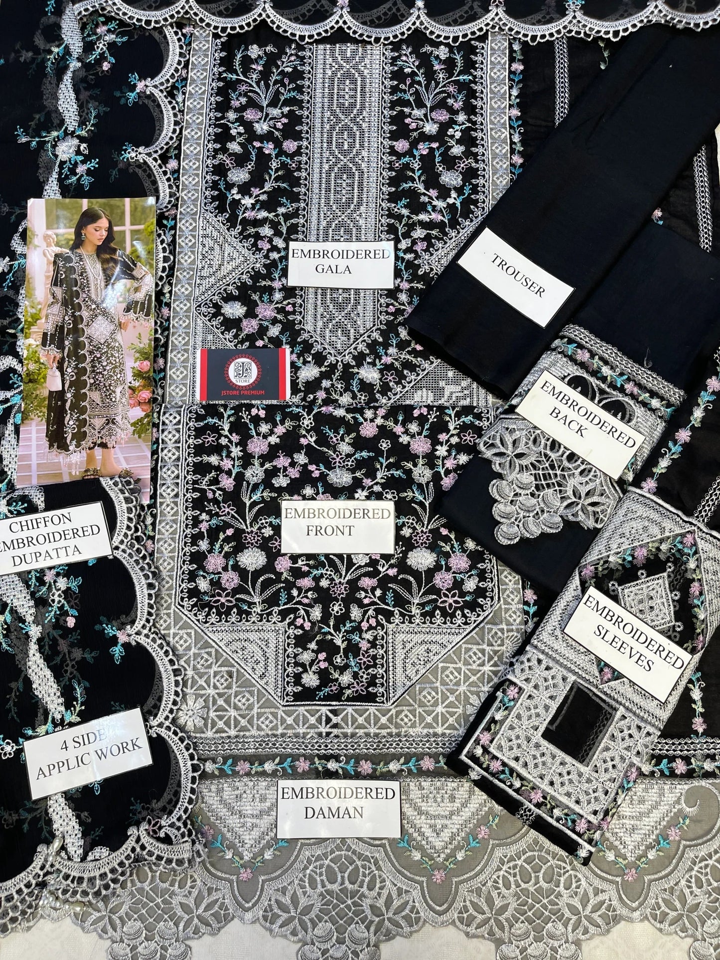 Bin Ilyas | Luxury Chikenkari Lawn Along Chiffon Embroided Dupatta  | 3pc Unstiched