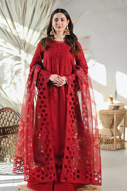 Qalamqaar | Red Chikenkari with Digital Embroidered Dupatta | 3pec Unstiched