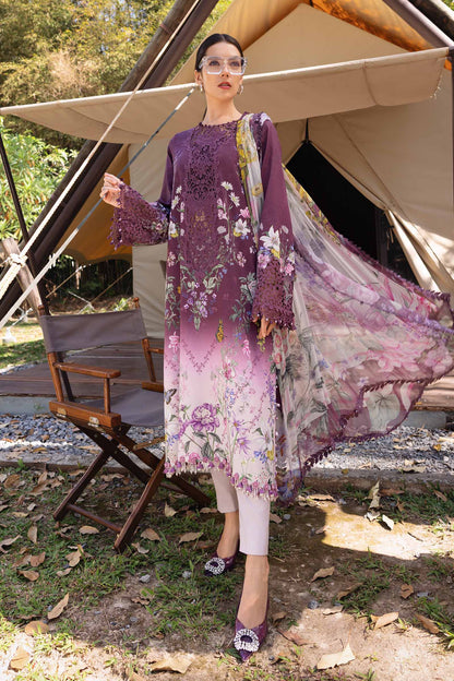 Maria B Tie & Dye Dark Purple Printed Lawn | Embroidered Suit with Chiffon Dupatta | 3Pc Unstiched