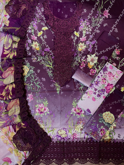Maria B Tie & Dye Dark Purple Printed Lawn | Embroidered Suit with Chiffon Dupatta | 3Pc Unstiched