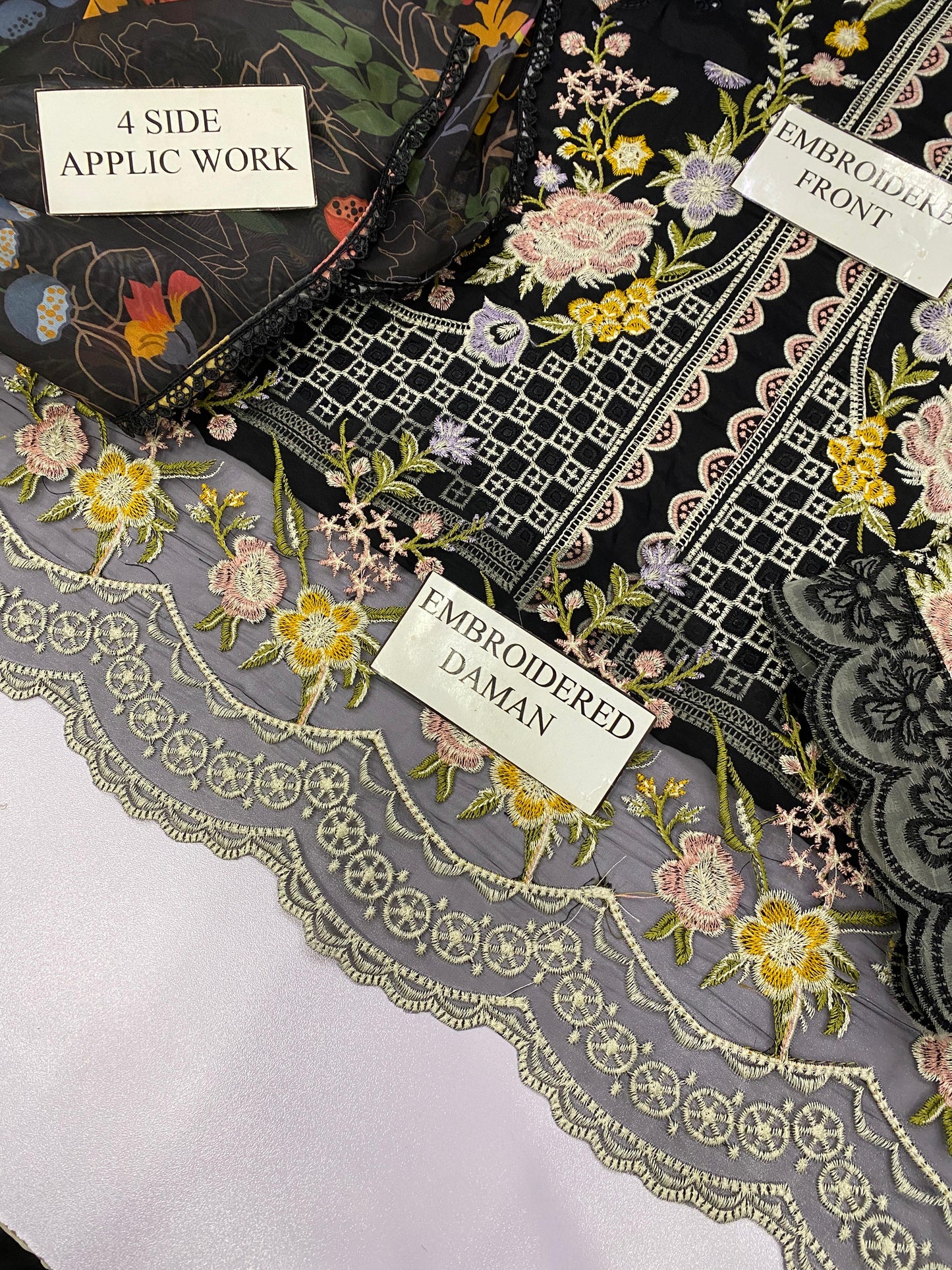 MAHNOOR MIDNIGHT BLOOM | CHIKENKARI   SILK DUPATTA  |3PC UNSTICHED