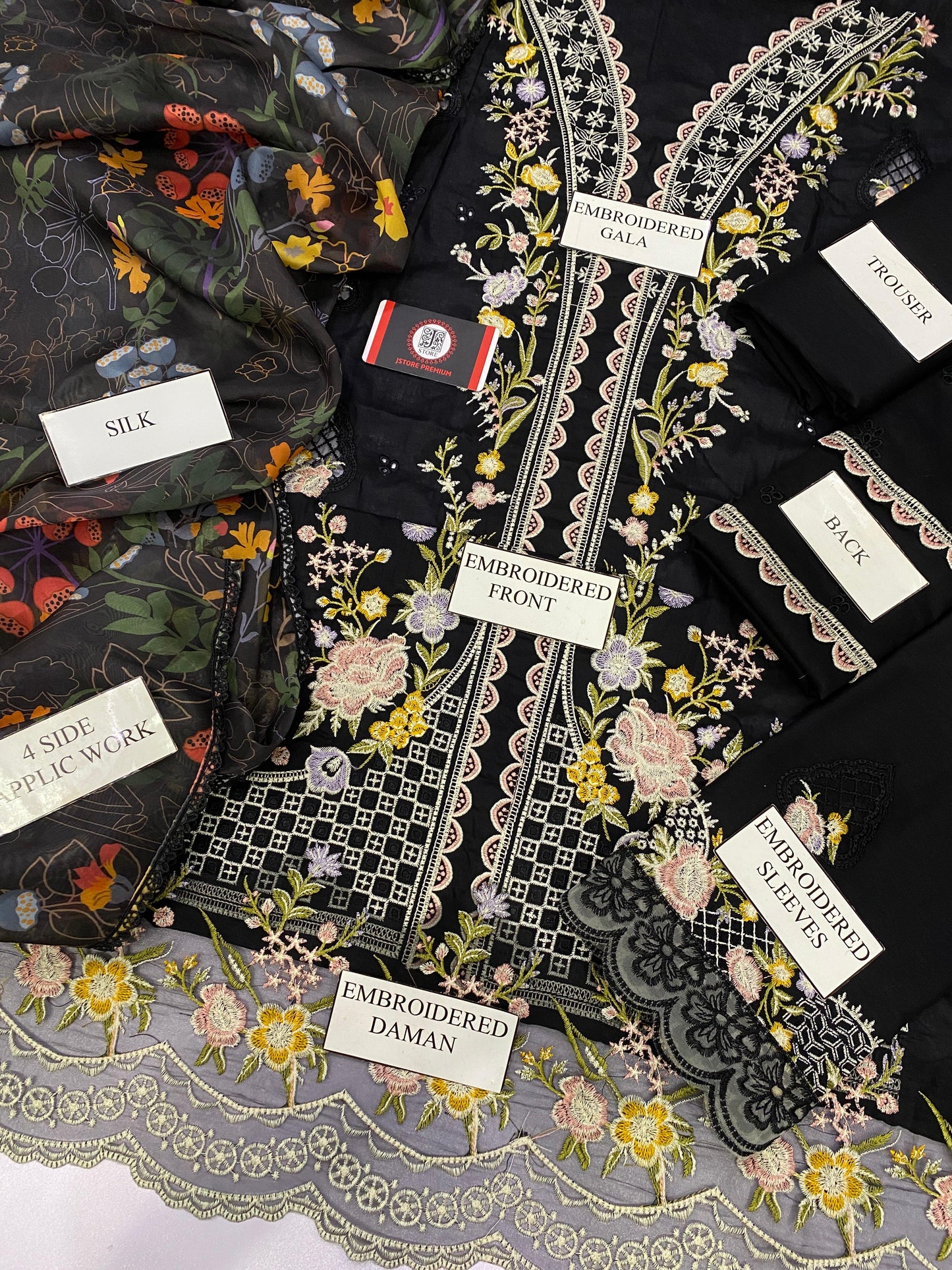 MAHNOOR MIDNIGHT BLOOM | CHIKENKARI   SILK DUPATTA  |3PC UNSTICHED