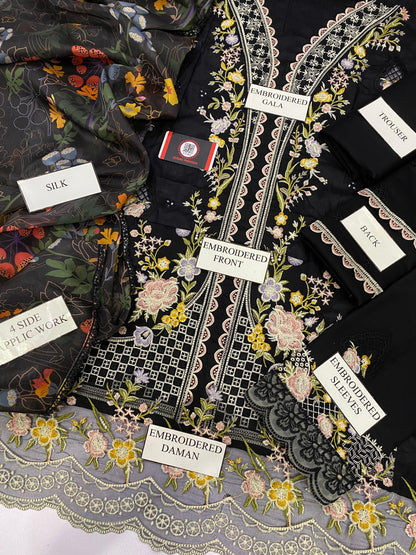 MAHNOOR MIDNIGHT BLOOM | CHIKENKARI   SILK DUPATTA  |3PC UNSTICHED