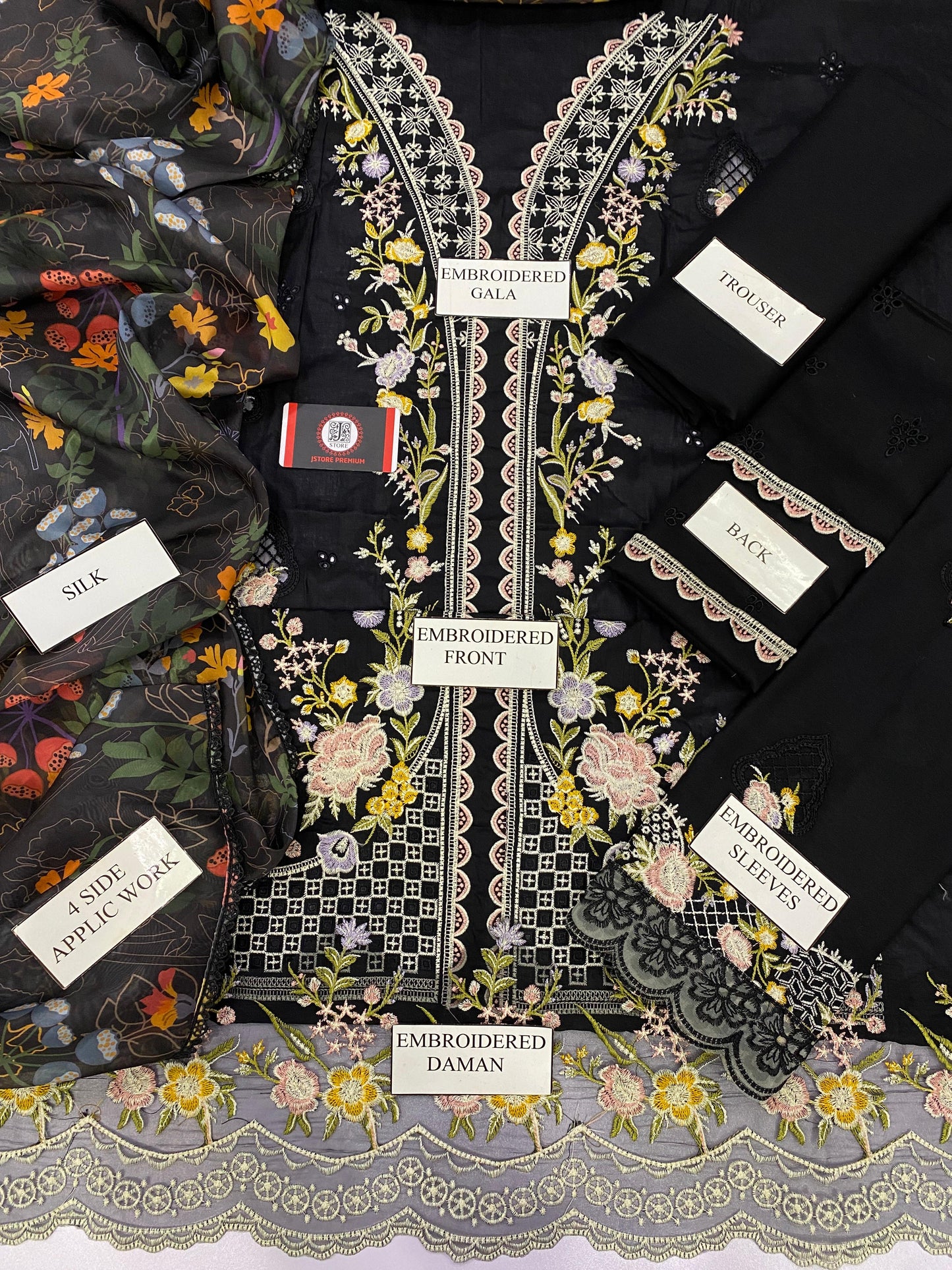 MAHNOOR MIDNIGHT BLOOM | CHIKENKARI   SILK DUPATTA  |3PC UNSTICHED