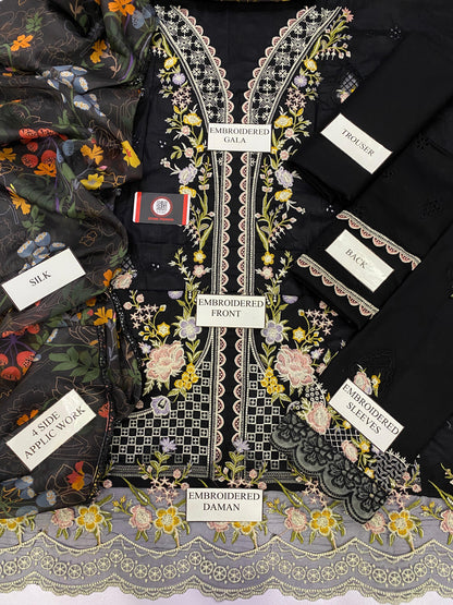 MAHNOOR MIDNIGHT BLOOM | CHIKENKARI   SILK DUPATTA  |3PC UNSTICHED