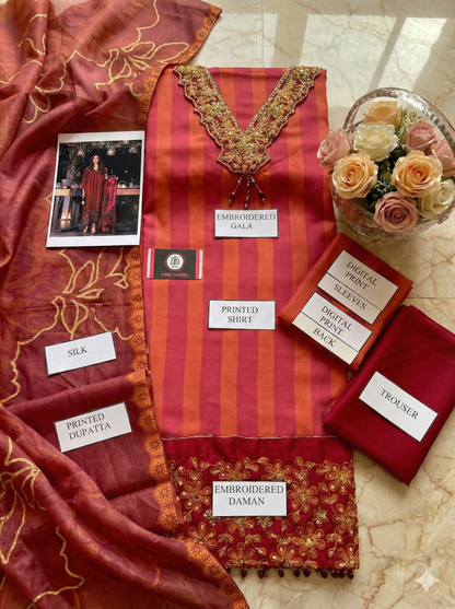 LULUSAR |IMPERIAL RUBY SHAMOOS SILK  |3Pec unstiched