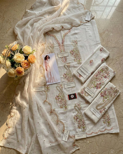 ZARA SHAH JAHAN  IVORY BLOSSOM WHITE 3PEC UNSTICHED