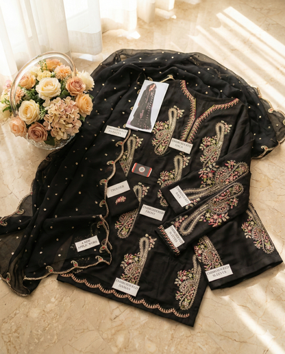 ZARA SHAH JAHAN  IVORY BLOSSOM BLACK 3PEC UNSTICHED