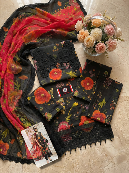 Maria B | Black With Flower Embroided Lawn | Chiffon Dupatta | 3pec Unstiched