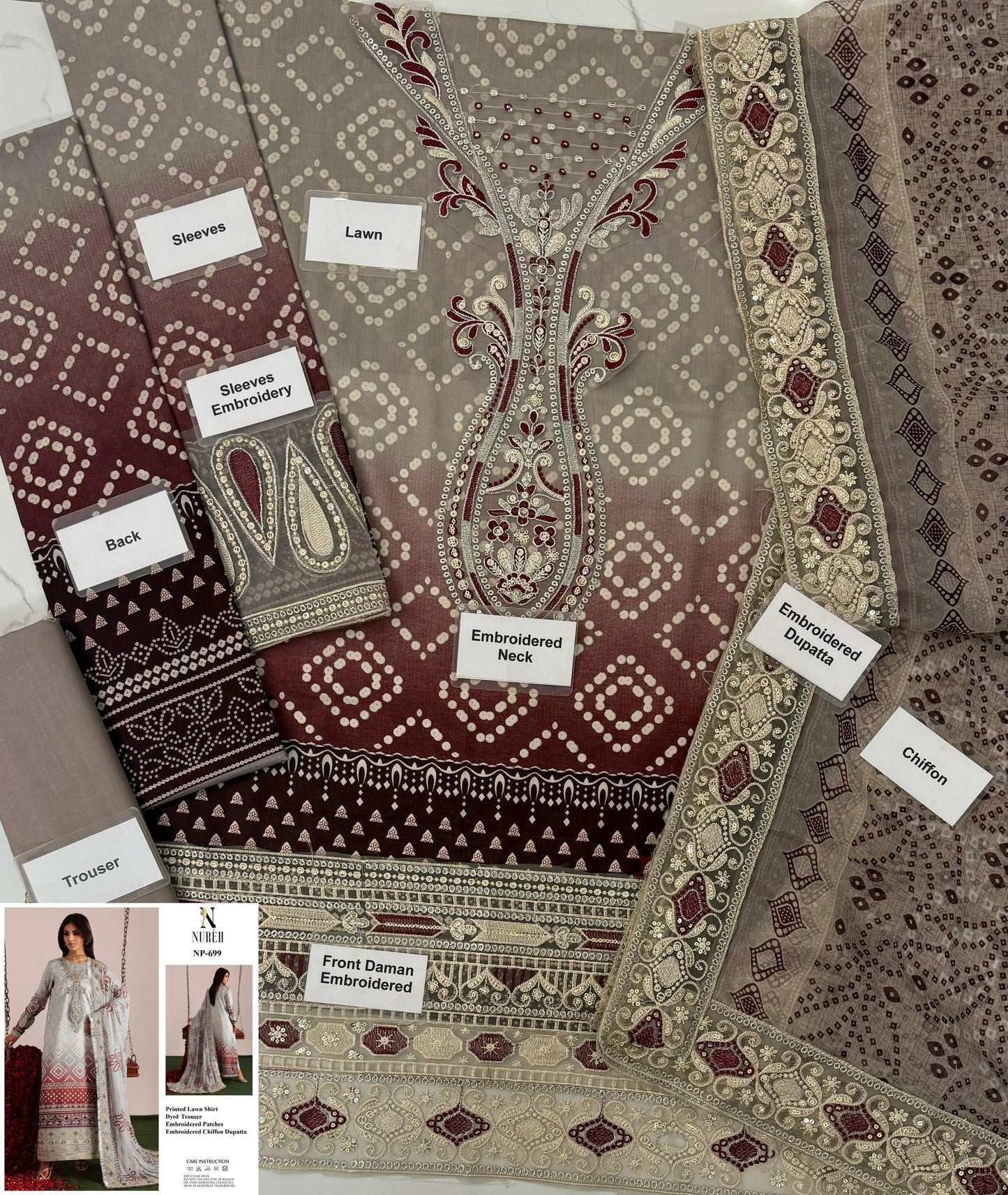 NUREH LAWN WITH CHIFFON DUPATTA |3PIECE UNSTICHED