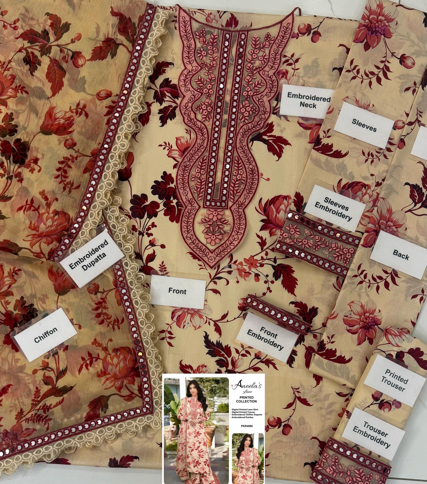 Aneelas Skin Lawn 9MM WITH Chiffon  DUPATTA |3PEC UNSTICHED