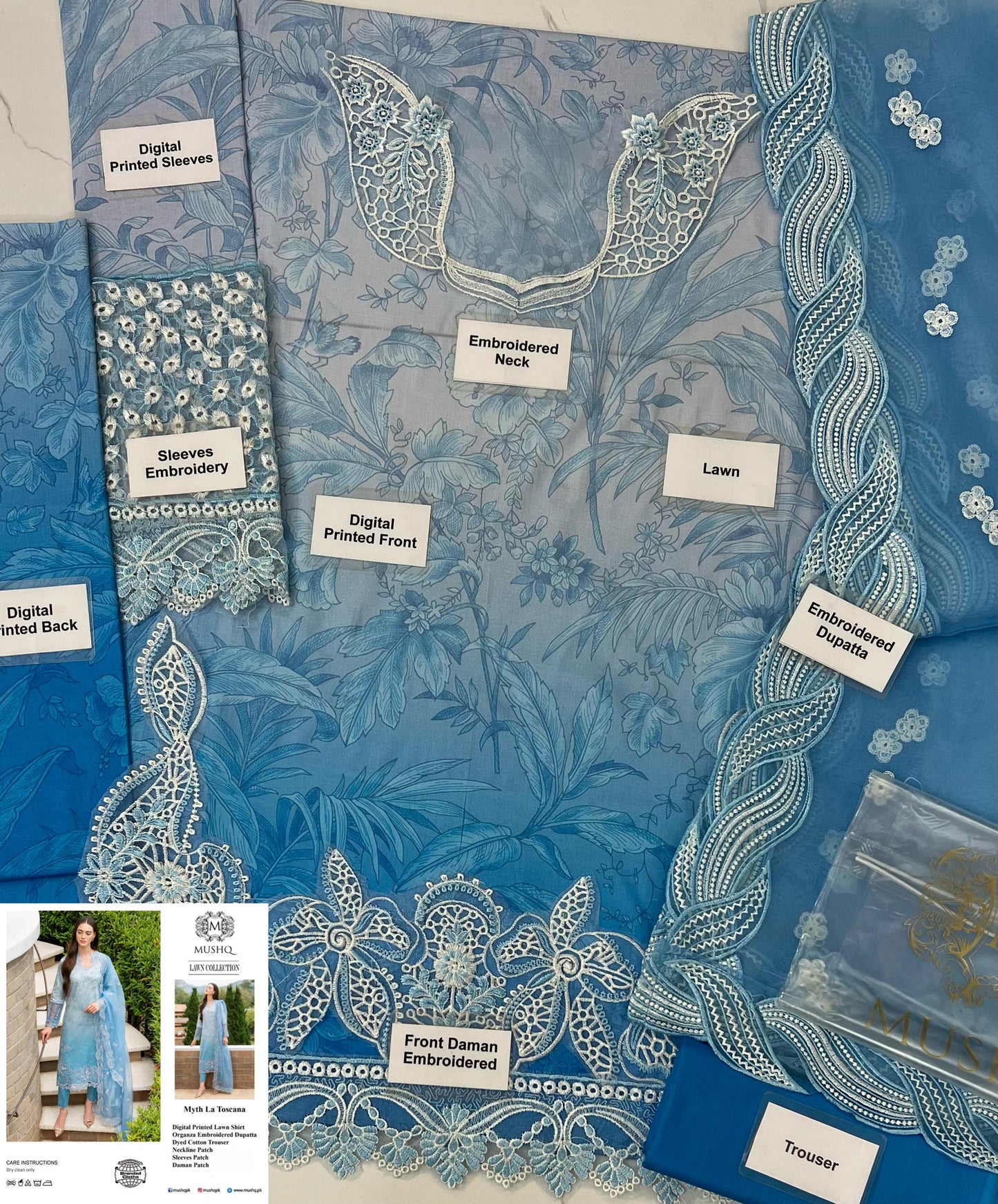 MUSHQ BLUE LAWN WITH ORGENZA  DUPATTA |3PEC UNSTICHED