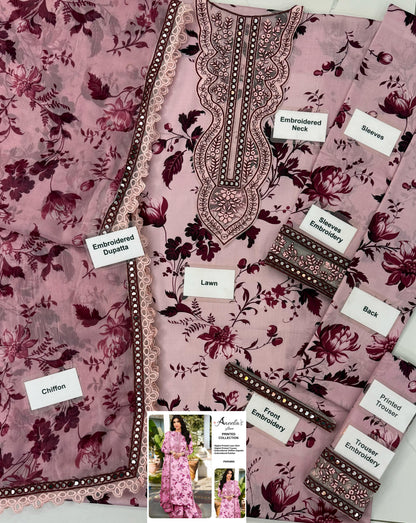 Aneelas SOFT PINK Lawn 9MM WITH Chiffon  DUPATTA |3PEC UNsTICHED