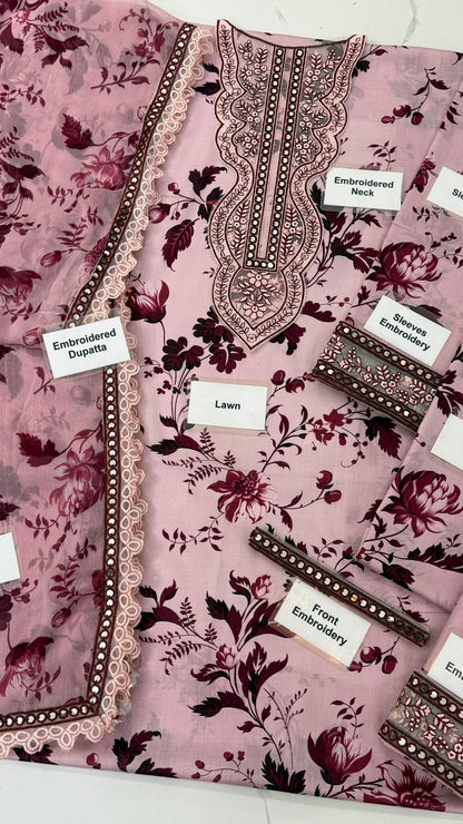 Aneelas SOFT PINK Lawn 9MM WITH Chiffon  DUPATTA |3PEC UNsTICHED