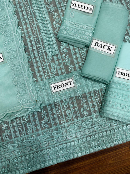 AZURE CHIFFON WITH CHIFFON EMBROIDERD DUPATTA  |3PIECE UNSTICHED