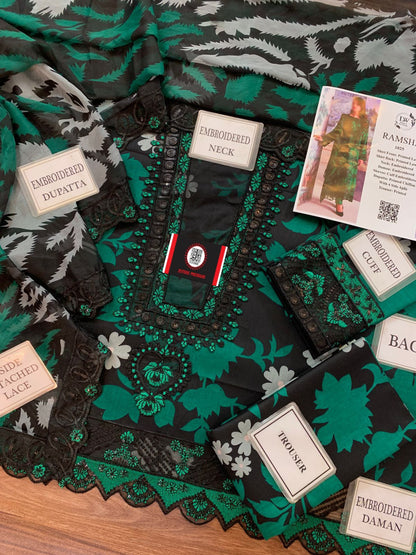 RAMSHA LAWN WITH CHIFFON EMBROIDERD DUPATTA |3PIECE UNSTICHED