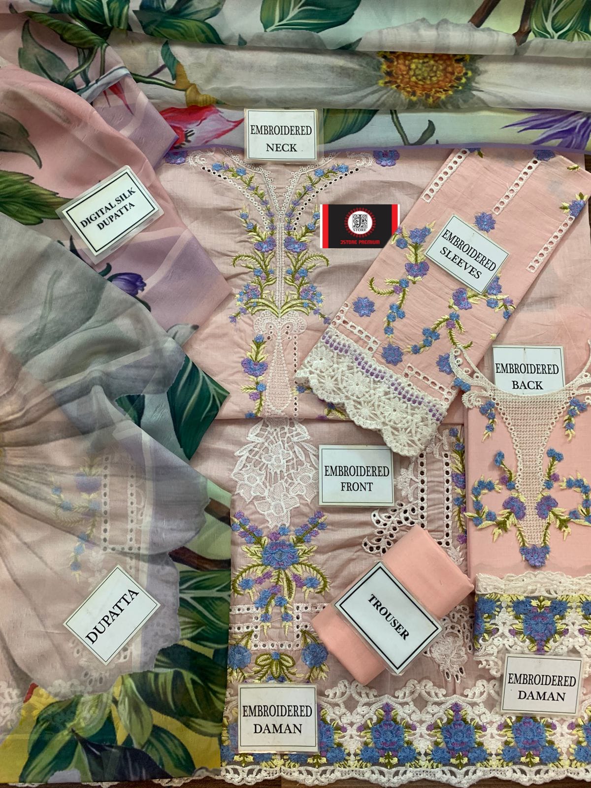 MUSHQ CHIKENKARI WITH DIGITAL PRINTED SILK DUPATTA  |3PIECE UNSTICHED